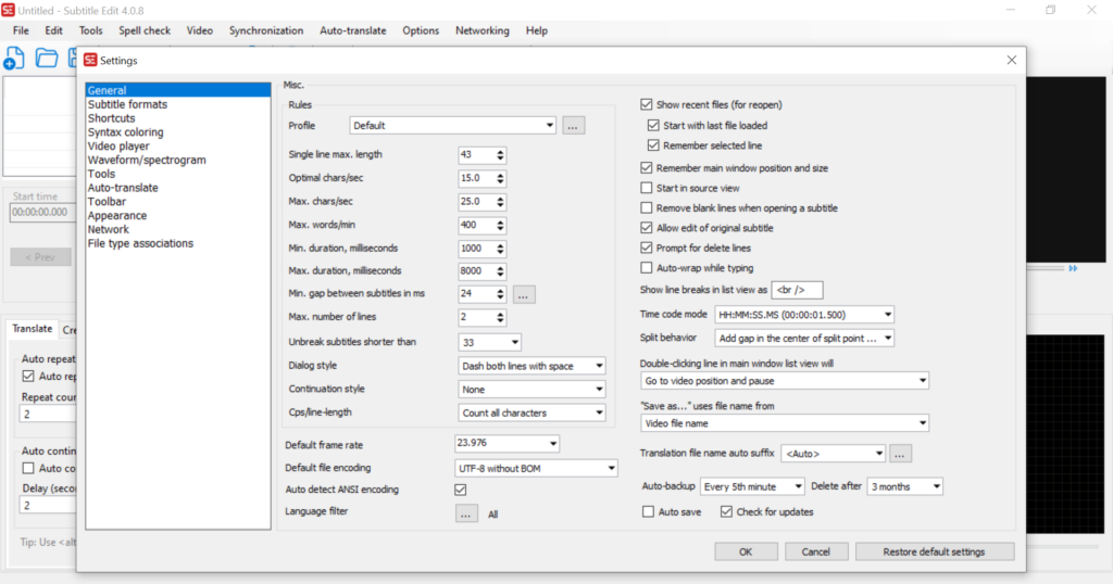 جلسه 2: تنظیمات نرمافزار سابتایتل ادیت 1 تنظیمات کاربردی نرمافزار سابتایتل ادیت