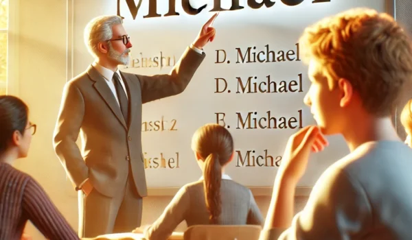 DALL·E 2025 02 05 14.46.12 A realistic image of a classroom setting where a teacher is correcting a students pronunciation of a name. The teacher is pointing to the name Micha